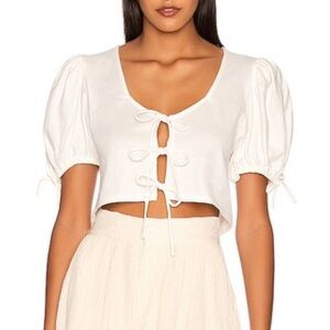 Free People White Puff Sleeve Tie-Front Top Boho